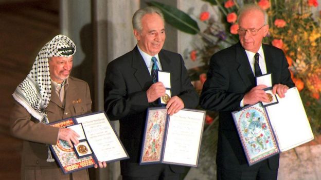 Yaser Arafat, Shimon Peres y Yitzhak Rabin.