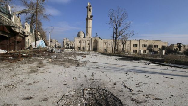 Damage at the ancient al-Atroush mosque in the old city of Aleppo, Syria, 28 January