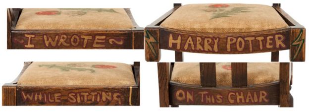 This undated photo provided by Heritage Auctions shows details of the chair that JK Rowling sat on while writing the first two books of the Harry Potter series