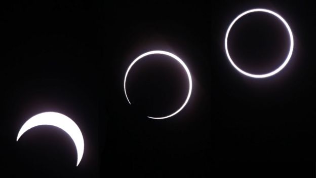 This composite image showing the progress of the eclipse as seen from La Reunion.