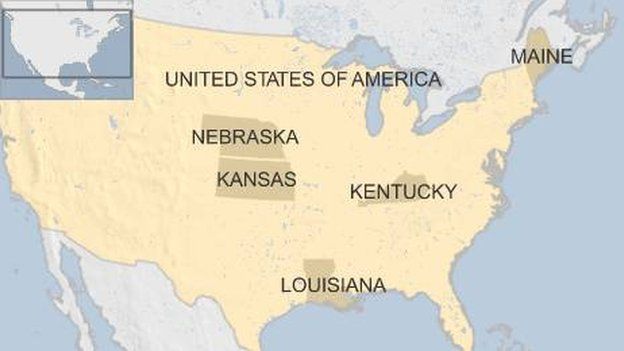 Map showing states voting in primaries or caucuses on 5 March 2016