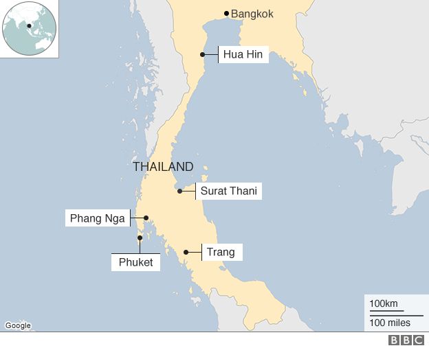 Map showing the locations of the blasts in Thailand on 11 and 12 June