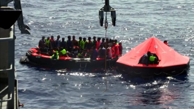 A grab from a video released by the Irish Navy showing the rescue operation in the Mediterranean - 5 August 2015