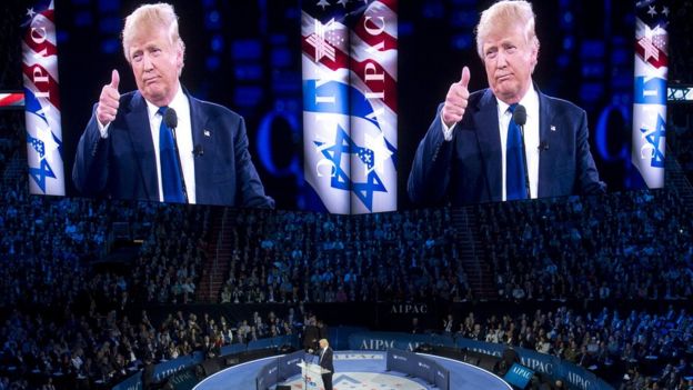 This file photo taken on March 21, 2016 shows US Republican presidential hopeful Donald Trump addressing the American Israel Public Affairs Committee (AIPAC) 2016 Policy Conference in Washington, DC,