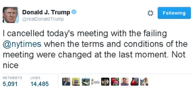Tweet reads: I cancelled today's meeting with the failing @nytimes when the terms and conditions of the meeting were changed at the last moment. Not nice