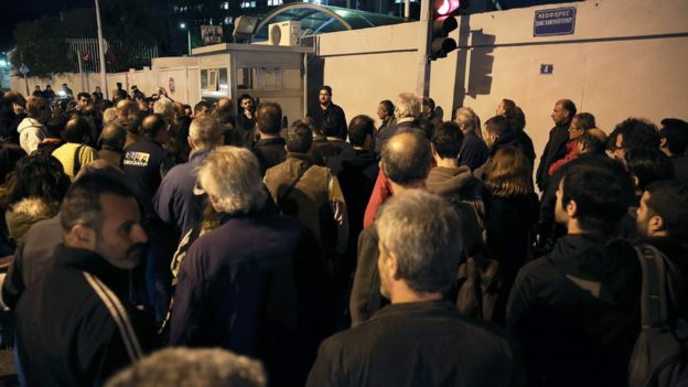 Members of Communist-affiliated labour union PAME protest outside the Ministry of Citizens Protection in Athens, Greece, 14 November 2016