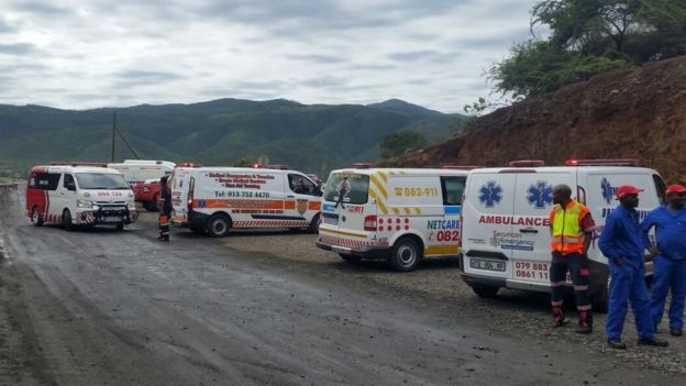 Rescue vehicles stand by at the scene of the Lily mine collapse near Barberton