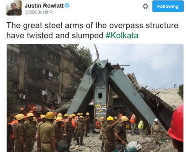 The great steel arms of the overpass structure have twisted and slumped #Kolkata