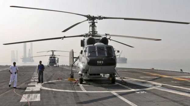 Kamov helicopters on the flight deck of the Indian navy's aircraft carrier INS Vikramaditya off the coast of Mumbai (03 December 2015)