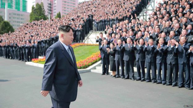 North Korean leader Kim Jong-un in front of crowds