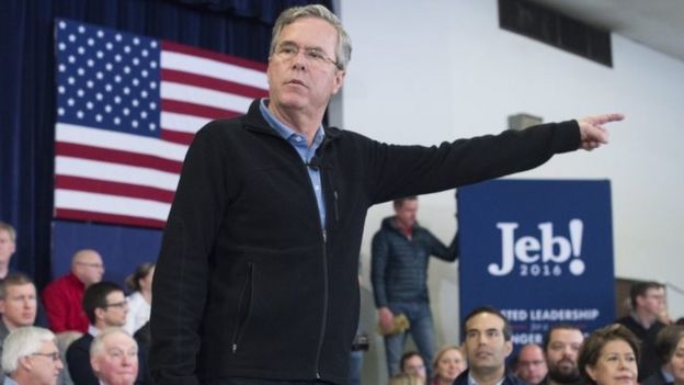 Republican presidential candidate Jeb Bus campaigns in New Hampshire (15 February 2016)