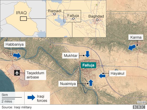 Map showing movement of Iraqi forces towards Falluja (24 May 2016)