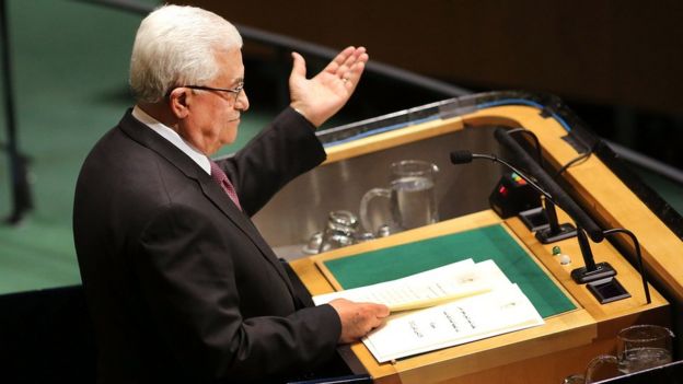 Palestinian Authority President Mahmoud Abbas addresses the General Assembly at the United Nations on 29 November 2012 in New York City.