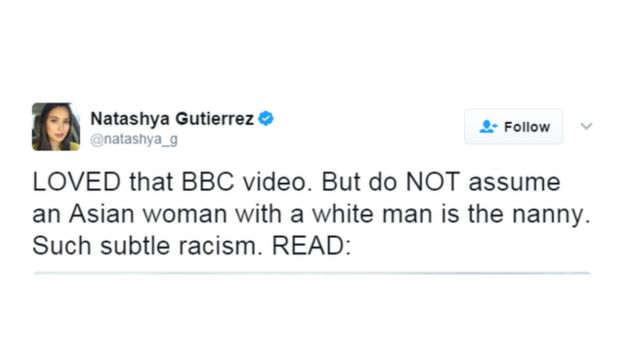 Bir kullanıcı da ‘BBC videosuna bayıldım. Asyalı bir kadının beyaz adamın bakıcısı olduğunu sanmayın. Ne kadar ince bir ırkçılık’ yazdı