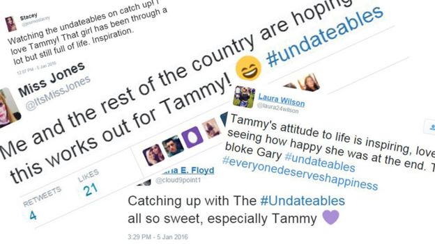 A selection of tweets about Tammy. Stacey: Watching the undateables on catch up! I love Tammy! That girl has been through a lot but still full of life. Inspiration; Miss Jones: Me and the rest of the country are hoping this works out for Tammy (smiley emoji) #undateables; Laura Wilson: Tammy's attitude to life is inspiring, love seeing how happy she was at the end. Top bloke Gary #undateables #everyonedeserveshappiness; @cloudpoint1: Catching up with The #Undateables all so sweet, especially Tammy (purple love heart emoji)