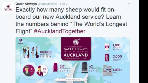 கத்தார் விமான நிறுவனத்தின் தோஹா-ஆக்லாந்து பயணத்தில் நான்கு விமானிகள், 15 விமான பணியாளர்கள் இருந்தனர் . 2,000 குளிர் பானங்கள் பயணிகளுக்கு அளிக்கப்பட்டன.