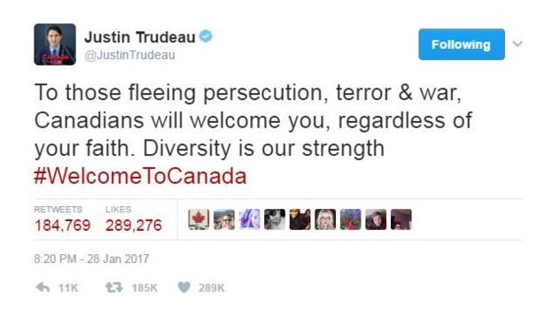Justin Trudeau tweet reads: To those fleeing persecution, terror and war, Canadians will welcome you, regardless of your faith. Diversity is our strength. Welcome to Canada.