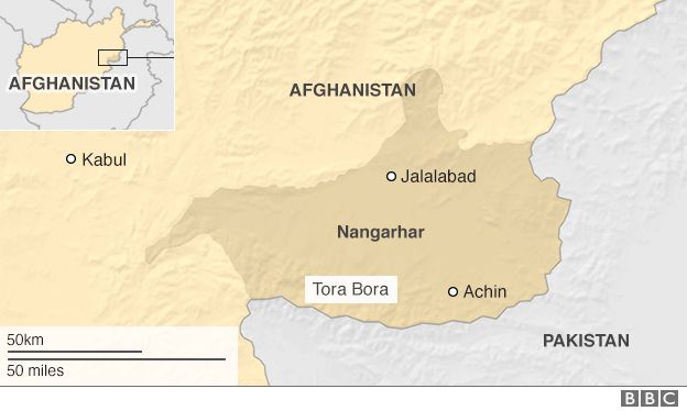Map showing location of Nangarhar, Jalalabad, Achin and Kabul