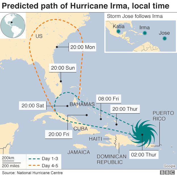 Hurricane Irma's predicted path. 7 Sept 2017