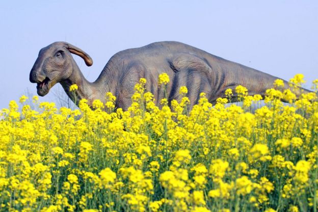 சீனாவில் மலர் தோட்டத்தில் தத்ரூப டைனோசர்கள் (புகைப்படத்தொகுப்பு)