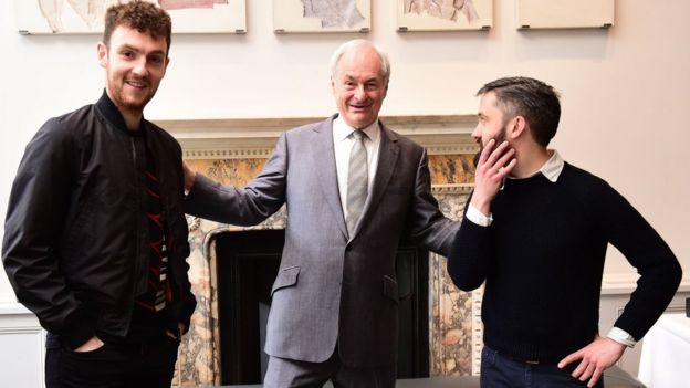 Paul Gambaccini (centre) with 2016 Ivor Novello nominees Jack Patterson (left) and Conor O'Brien (right)