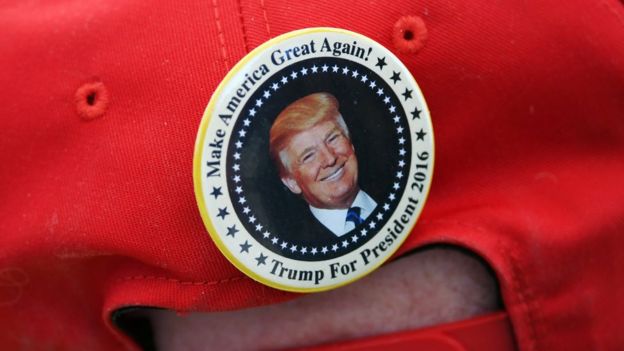 Donald Trump badge on a baseball cap