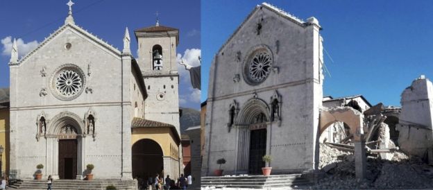 A before and after picture shows damage to the 14th century Cathedral of St Benedict