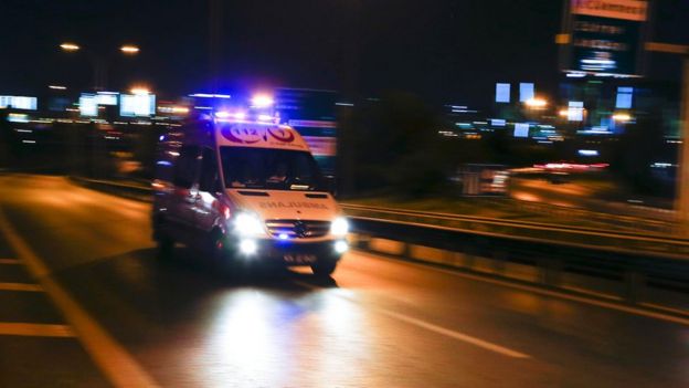 An ambulance heads for Istanbul's Ataturk airport, 28 June