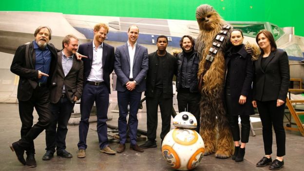 Princes William and Harry with the cast and creative team of Star Wars Episode VIII