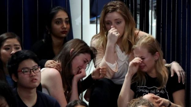 A group of women react as voting results come in at Democratic presidential nominee Hillary Clinton's election night event at the Jacob K Javits Convention Center.
