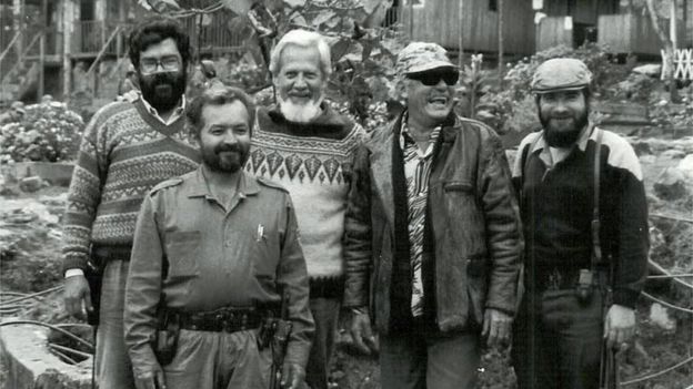 Picture taken in the 80s of one of the founders of the Revolutionary Armed Forces of Colombia, late former leader Luis Alberto Morantes Jaimes (2-R), aka Jacobo Arenas, and commanders Alfonso Cano (L), Raul Reyes (2-L) and current leader Timoleon Jimenez (R), posing at a camp somewhere in the Colombian mountainous region