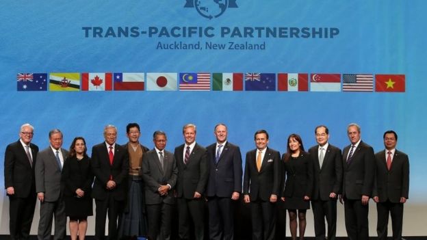 Ministers from 12 countries at the TPP signing in Auckland, New Zealand (Feb 2016)