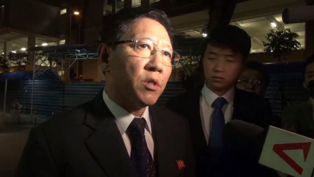 In this image made from video, North Korean Ambassador to Malaysia Kang Chol speaks to the media gathered outside the morgue in Kuala Lumpur, Malaysia, Friday, 17 February 2017.