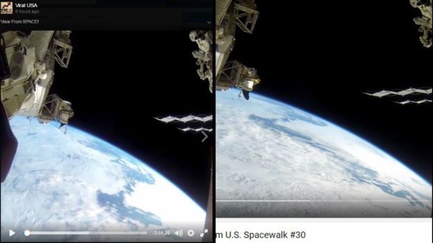 FACEBOOK/ YOUTUBE/ VIRAL USA Image caption يسارا: فيديو فايرل يو إس إيه، ويمينا: فيديو لسباحة في الفضاء عام 2015 