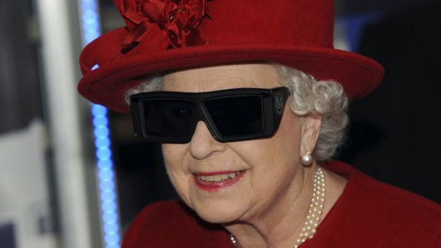 The Queen wearing 3D glasses