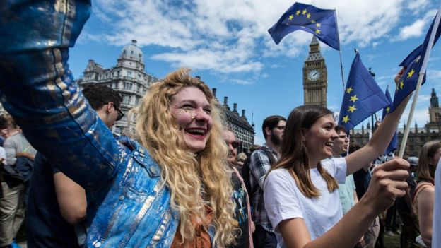 Jóvenes en la Marcha por Europa frente al Parlamento Británico
