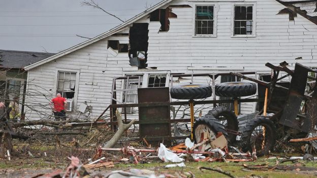 A house near the intersection of Routes 70 and 1 is seen after a powerful tornado struck, Tuesday, Feb. 23, 2016, in Paincourtville, La