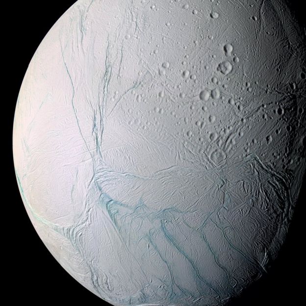 view of Enceladus surface from Cassini