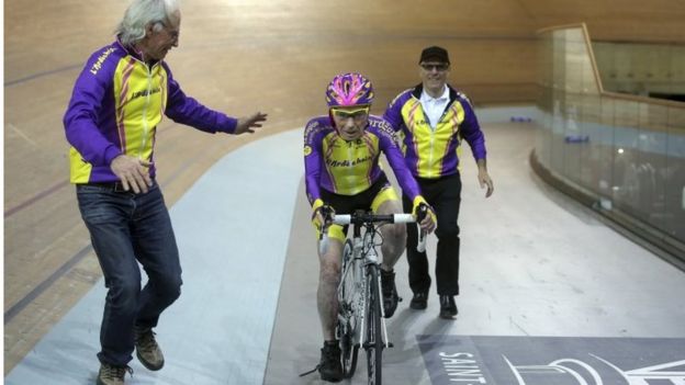 Robert Marchand, 105, sets a new hour cycling record for over 105s near Paris, 4 January 2017