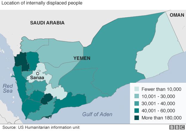 Map showing number of internally displaced people in Yemen (20 August 2015)