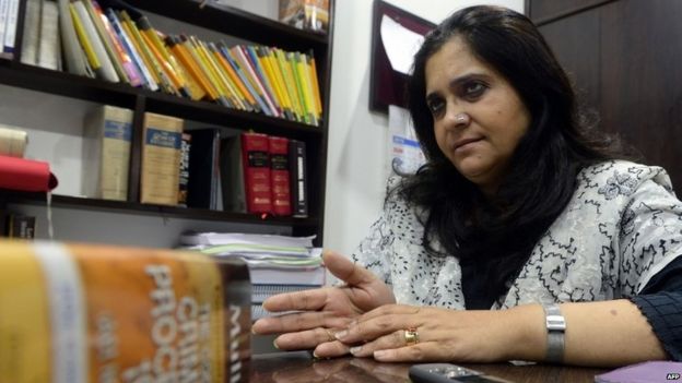 In this photograph taken on July 22, 2015, Indian activist Teesta Setalvad speaks to AFP during an interview at her lawyer's office in Mumbai.