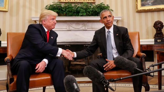 President Barack Obama meets with President-elect Donald Trump in the Oval Office of the White House