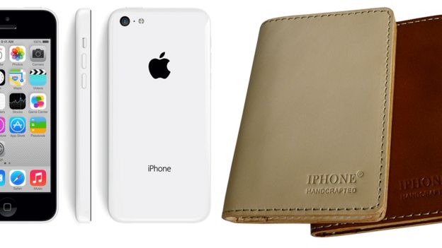 Composite image showing Apple's iPhone 5c in white and Xintong Tiandi's IPHONE cases