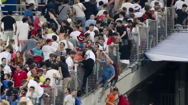 Fans try to escape from stadium after England Russia game in Marseille