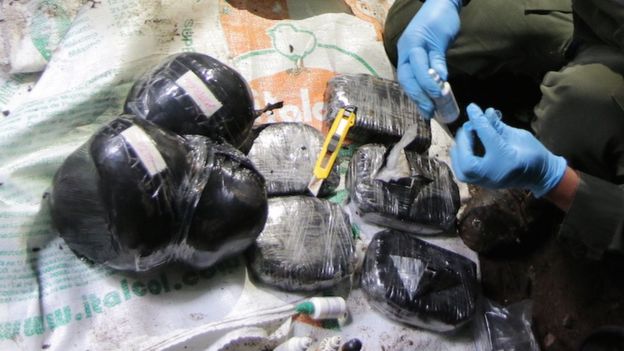 Un agente colombiano evalúa cocaína hallada en un laboratorio en una zona selvática.