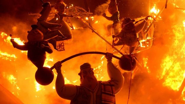 This file photo taken on March 20, 2016 shows Ninots burn on the last night of the Fallas Festival in Valencia on March 19, 2016.