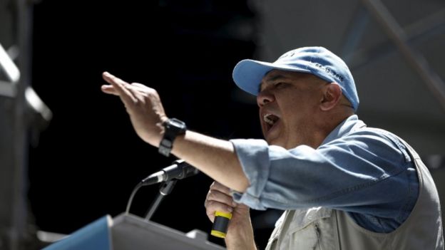 Jesus Torrealba, secretary of Venezuela's coalition of opposition parties (MUD), speaks during a rally in Caracas, 12 March