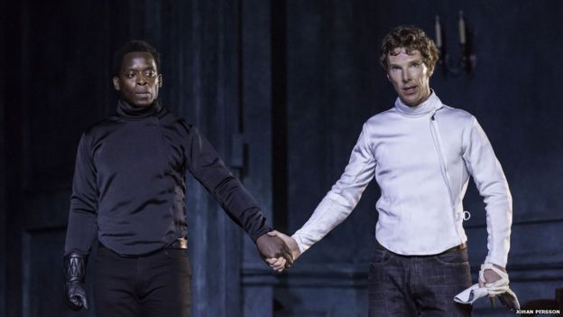 Kobna Holdbrook-Smith (Laertes) and Benedict Cumberbatch (Hamlet) in Hamlet at the Barbican Theatre.