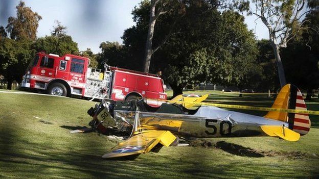 Harrison Ford's crashed aeroplane on Penmar Golf Course, Venice, California 5 March 2015