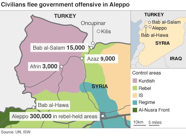 Map showing where civilians have fled since Syrian government forces began their offensive on Aleppo - 10 February 2016